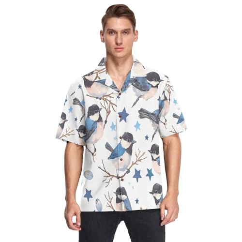 Chemise hawaïenne homme bleu anti-transpiration motif oiseaux et étoiles