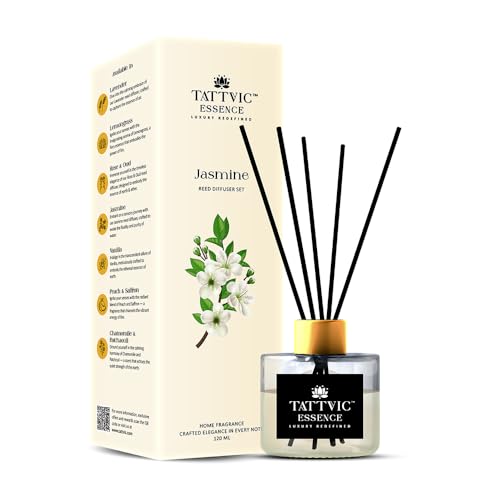 Image of Jasmine Reed Diffuser Set by Tattvic Essence | 6 Fiber Reed Sticks Free | Stress Relief & Aromatherapy | Long-Lasting, Smoke-Free Air Freshener for Home, Bedroom & Office | Ideal for Gifting | 120ml