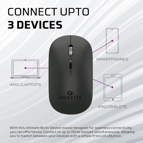 Image of Amkette Hush Pro Epic LP Rechargeable Wireless Mouse /Bluetooth Mouse | Multi-Device Connectivity with 2.4 GHz & 2X BT, Silent Switches, Slim & Lightweight Travel-Friendly Design, Upto 3200 DPI (Grey)