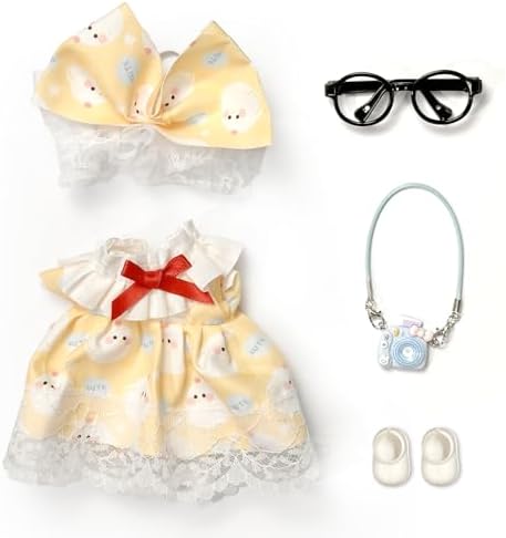 17cm Doll Clothes for Labubu Set - 5-Piece Luxury Designer Outfit with Bow, Glasses, Camera Bag & Shoes | Fashionable Dress-Up Accessories for Dolls (Yellow) image 5