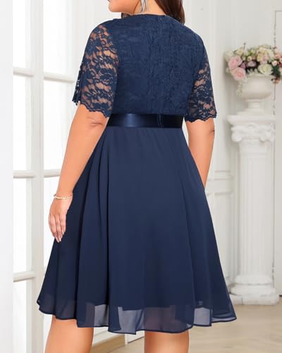 Image of Talisea Plus Size Wedding Guest Dress - Formal Cocktail Party Ruffle Elegant Tea Length Lace Chiffon V Neck Midi Dresses