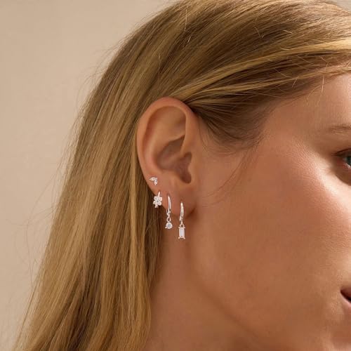 Image of Gold Earrings for Women, 14k Gold Plated Dangle Huggie Earrings for Women Trendy Dainty Gold Hoop Earring Stacks Hypoallergenic Pearl Chain Drop Cartilage Earring Fashion Womens Jewelry