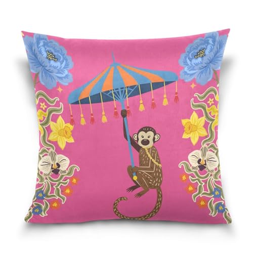 pnyoin Monkey Style with Floral Umbrella Throw Pillow Cover 16X16 Inch Soft Comfortable Decorative Square Cushion Pillowcase for Home Sofa Couch Bed Office Car