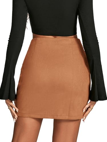LYANER Women's Faux Suede Solid High Waist Twist-Front Zipper Mini A-Line Short Skirt2
