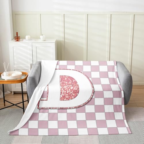 Image of Erosebridal Pink Initial D Flannel Blanket Kawaii Plaid Checkered Fuzzy Plush Throw Cute Personalized Monogram Fleece Blanket for Kids Girls,Fashion Grids Gingham Decor for Bed Couch 40 inchx50 inch