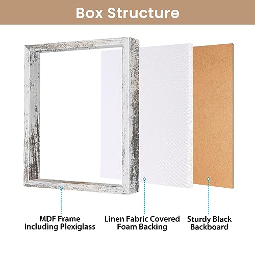 Califortree 8x10 Shadow Box Frame with Soft Linen Back - Metal Push Pins Included, Memory Shadow Box Display Case for Bouquet Awards Medals Wedding Photos and More, Rustic White