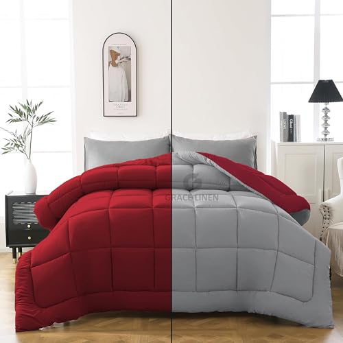 Image of GRACE LINEN 600 GSM Heavy Winter Comforter Double Bed Size 90 inchX100 inch - 600 GSM Winter Blanket Comforter /Rajai /Duvet Microfiber Super Soft Fluffy Double Bed - Burgundy /Silver Grey Color