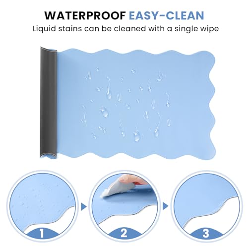 Image of PU Leather Desk Pad, Scalloped Non-Slip Mouse Pad & Large Desk Mat Cover Stitched Edges Writing Pad for Office, Home - Waterproof, Easy to Clean, Durable Surface I 31.4 inchx15.7 inch, Air Blue
