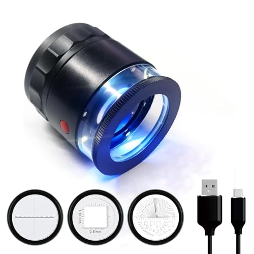 10x Jewelers Loupe Rechargeable Loupe Magnifier with UV and LED Lights Led Eye Loop Adjustable Focus Jewelry Magnifying Glass with Interchangeable Reticle Scales for Gemstones Identification