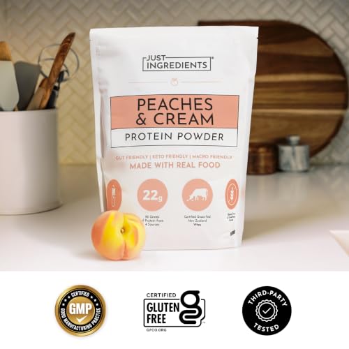 Image of JUST INGREDIENTS Peaches & Cream Protein Powder, 15 Servings, 22g Protein from 4 Sources, Certified Grassfed New Zealand Whey Concentrate, Made with Real Food Ingredients, No Gums or Fillers