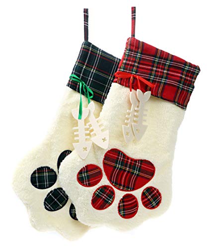 E-FirstFeeling Pack of 2 Pet Paw Christmas Stockings for Pet Cats Large Gift Stockings Christmas Decorations (2 cat Stockings)
