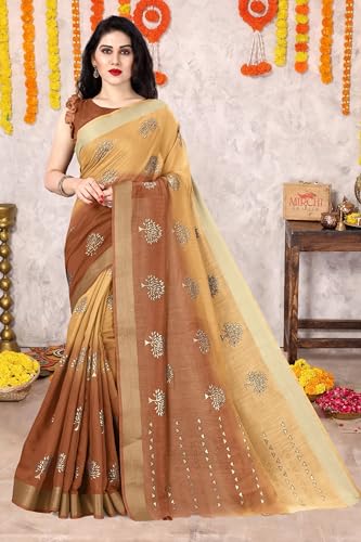 Image of MIRCHI FASHION Women Saree Cotton Blend 2-Tone Foil Print | Lightweight Comfortable Office Wear Sari with Blouse Piece