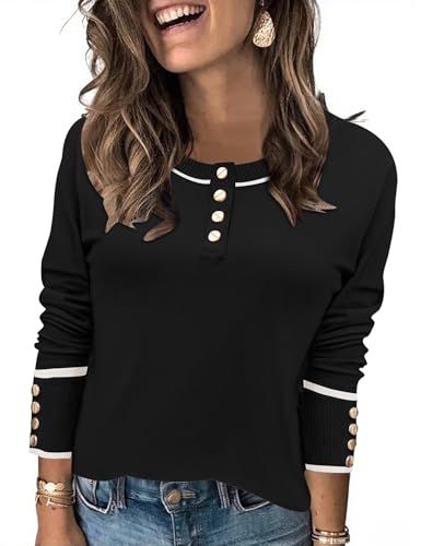 Rapbin Sweaters for Women Long Sleeve Tops Crew Neck Knit Pullover Tops Button Womens Fashion Clothing