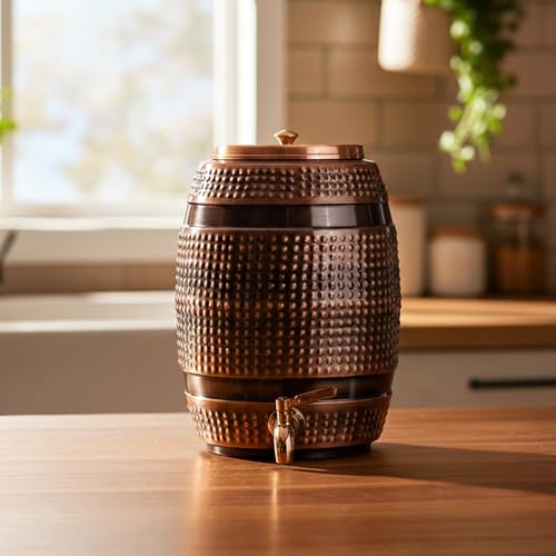 Image of Artarium Hammered Barrel Copper Water Dispenser with Brass Tap (5 litres) | Pure Copper Water Storage for Home, Dining & Office