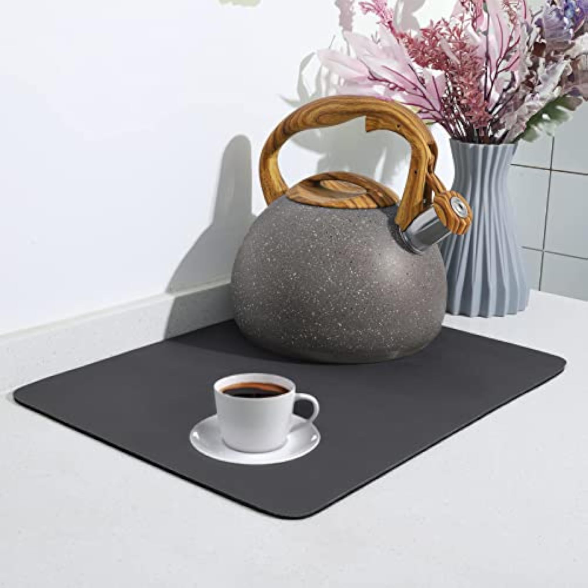 Absorbent Dark Gray Dish Drying Mat, 16"x12"