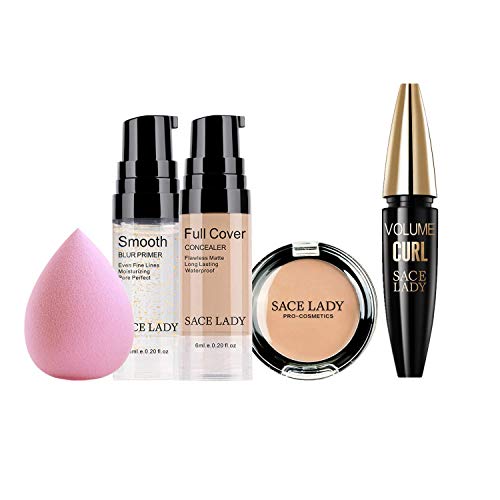 Face Make Up Set Full Coverage Concealer & Pore Primer & Black Mascara & Sponge Makeup Kit, Waterproof Matte Flawless Creamy Liquid Foundation Corrector Covers Face Eye Dark Circles Spot Acne Scar