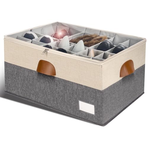 Image of 1 Pack Shoe Organizer for Closet Foldable Storage Box with Clear Cover | Fits 12-24 Pairs Boots and Heels Sneaker Sandals Stackable with Adjustable Divider Space Saving Dorm Beige and Grey