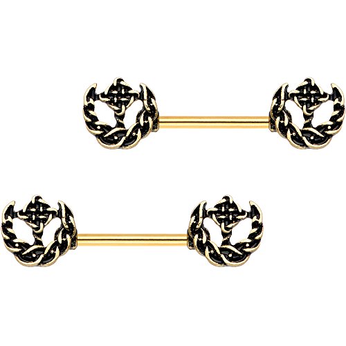 Body Candy Gold Pvd Steel Braided Nautical Anchor Barbell Nipple Ring Set Of 2 14 Gauge 9/16" #TOP11