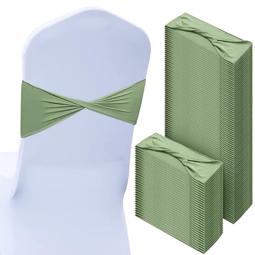 Kinlop 150 Pcs Spandex Chair Sashes Bows Stretch Chair Cover Bands Elastic Ties Bands Slider Sashes Without Buckle Decorations for Wedding Party Events Ceremony Birthday(Sage Green)