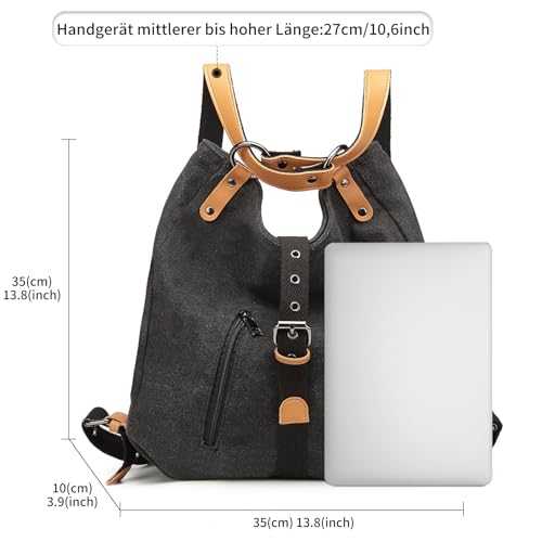KONO Damen Rucksackhandtaschen Rucksack Canvas Handtasche 2 in 1 Vintage Damen Umhängetasche Verstellbare Schultergurte für Alltag Büro Schule Ausflug Einkauf(Schwarz)