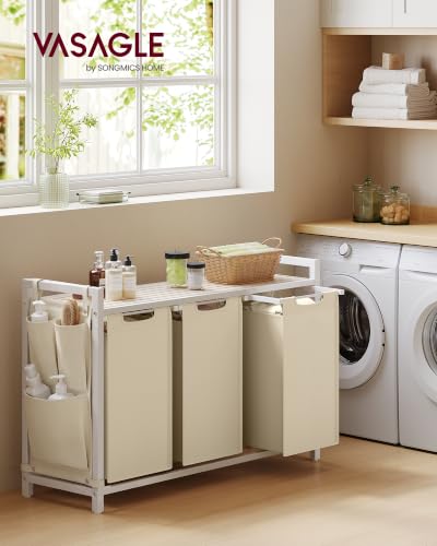 Image of VASAGLE Laundry Hamper with Shelf, 3 Pull-Out Bags, 3 x 10.6 Gallons (40 L)