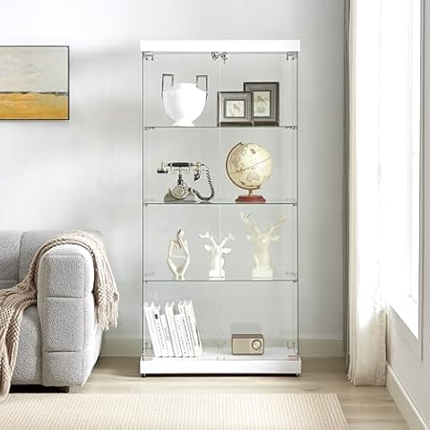 EQKK LED Glass Display Cabinet, 4-Tier Glass Trophy Curio Display Case, Double Door Glass Storage Cabinet for Home, Office, Collectibles, Pantry (White) Cover