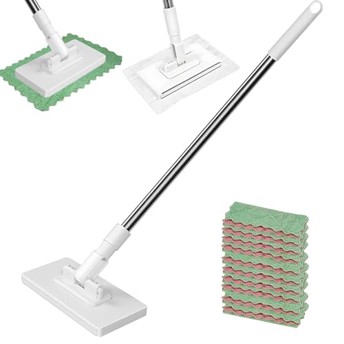 Disposables Dust Mop With 10 Reusable Cloths, Mini Mop with Automatic Cloth Changing 360° Rotating Head Floor Wipes Detachable Press Clamp Wipes Cleaner Aid for Floor Wall Bathroom Kitchen Glass