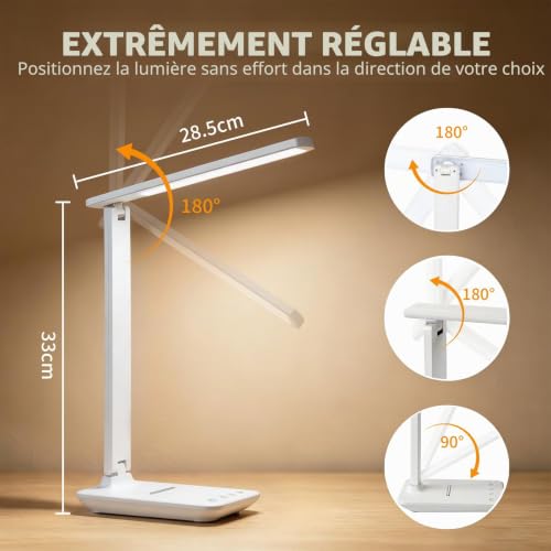 YAMYONE Lampe de Bureau LED avec Ports USB, Contrôle Tactile, Lumière Douce pour les Yeux, 5 Modes de Couleur & 5 Niveaux de Luminosité, Idéale pour Chambre, Chevet, Bureau et Étude (Blanc) – vue 4