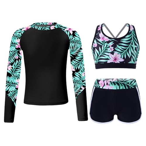 Tankini manches longues fille avec short et débardeur imprimé floral anti-UV