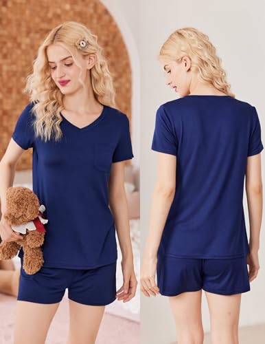 Image of Ekouaer Womens Pajama Sets Short Sleeve Pajamas for Women Sets Soft Lounge Sets Casual V Neck Sleepwear PJS