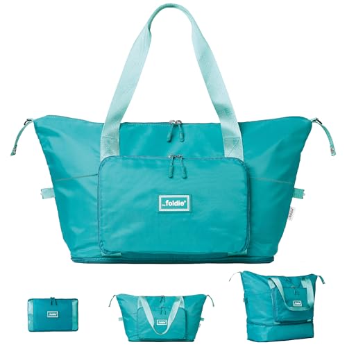 The Foldie Foldable Travel Tote Bag for Women - 40L Weekender Overnight Bag Duffel with Multiple Pockets and Luggage Sleeve - Airline-Approved Underseat Carry On Personal Item Travel Bag - Teal