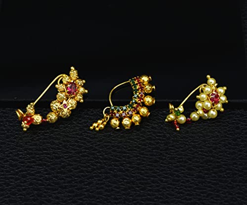 Image of Medium Size Traditional Maharashtrian Banu Nath Nose ring without piercing Pearl Gold Plated Nath Combo Clip On Nose Ring For Women