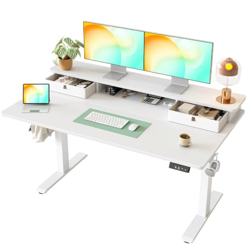 Image of TIQLAB 55 * 28 inch Standing Desk with Two Drawers&Top Shelf, White | Smooth Height Adjustment, 2 Memory Presets, One-Touch Control, Stable Steel Frame, 176 lbs Capacity, Easy Assembly