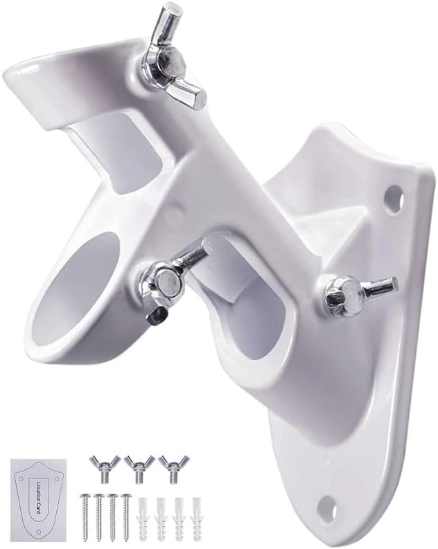 MoXwo 1" Dual Metal Flag Pole Holders Brackets for Outside House with 3 Fixing Clamps – Heavy Duty Aluminum Alloy Wall Mount Set 0.75 to 1 inch - Wind & Rust Resistant -White