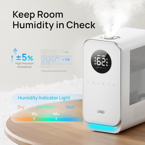 Image of DREO Humidifiers for Bedroom, Top-filled Smart Quiet Cool Mist Humidifiers for Large Room Home, Oil Diffuser & Nightlight, 50Hours Runtime for Indoor Plants, with Alexa /Google, Grey