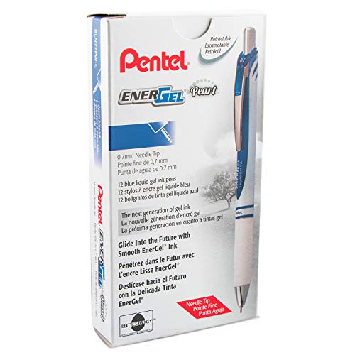 Pentel EnerGel RTX Pearl Retractable Liquid Gel Pen, (0.7mm) Medium Line, Needle Tip, Blue Ink, 12 pack (BLN77PW-C)