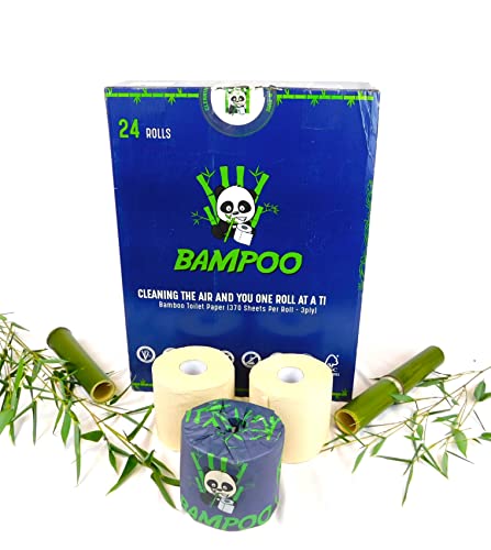 Bampoo Premium 100% Bamboo Pulp Toilet Paper Unbeached 3 PLY - 370 Sheets Per Roll- Eco Friendly, Tree Free - 24 Jumbo Rolls/Organic- Plastic Free, Chemical Free/Septic Safe
