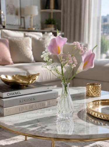 Image of Divyakosh Artificial Pink Calla Lily Flower Arrangement with Glass VASE | (2 Calla Lily + VASE) Faux Floral Bouquet with Baby Breath | Decorative Table Centerpiece for Living Room, Bedroom, Office