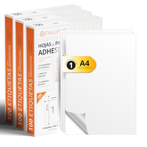 Etiquetas Adhesivas Blancas, Crea tus Pegatinas Personalizadas para cualquier Superficie, Papel A4 Adhesivo Seguro, Etiqueta Adhesiva para Imprimir - Ofituria (1 por hoja, 300h)
