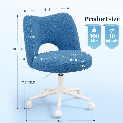 Image of DurayLoly Vanity Chair with Wheels,Soft Teddy Fabric 6 inch Thick Cushion, Height Adjustable 17.5 inch-21.5 inch, Open Back, 360 Swivel for Vanity Table, Home Office Dark Blue