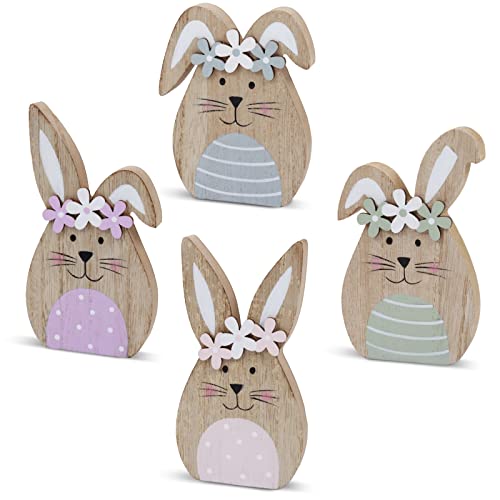 4 Pack Wooden Easter Bunny Table Decorations Easter Peeps Decor Spring Wood Bunnies Rabbit Ornament Farmhouse Tabletop Decor for Easter Party Tiered Tray Mantle Desk Office Home Party Patio Yard Decor