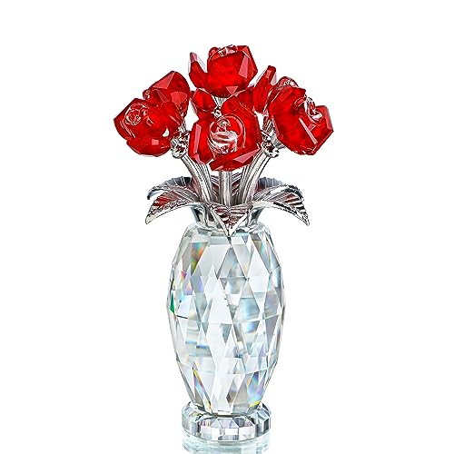 Red Crystal Rose Flower Figurine with Base,Glass Flower Bouquet Gifts for Women Girlfriend Wife,Handmade Crystal Flower Collectible Home Table Decor for Christmas Day Wedding Anniversary