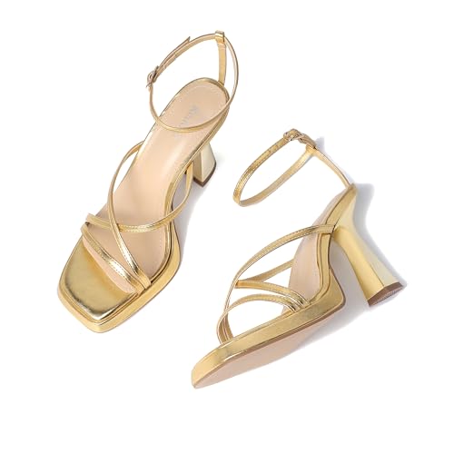 Image of Reitoye Strappy Heels for Women Platform High Chunky Heels Square Open Toe Heeled Sandals Ankle Strap Block Heels