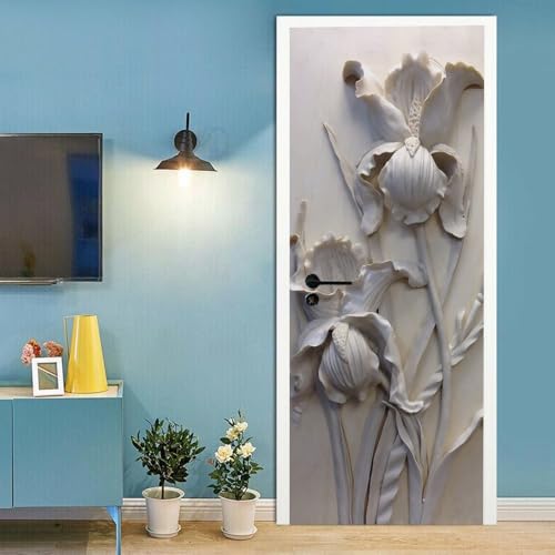 Flores En Relieve 3d Autoadhesivo Puerta Pegatina Papel Pintado Puerta Mural 95x215 cm Gris Impermeable para Baño Sala de Estar Cocina y Dormitorio Pegatinas Decorativas