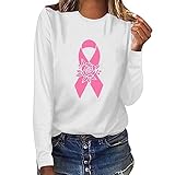 Day Prime October 2023 Breast Cancer Awareness Tops for Women Cute Long Sleeve Pink Ribbon Print Shirts Causal Crewneck Tshirt Blouse White M