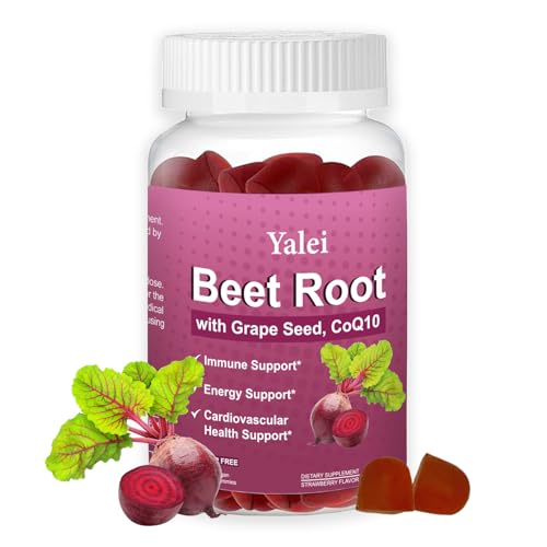 Yalei Beet Root Gummies for Blood Pressure | Sugar-Free | Beetroot Supplement with 1000 mg Beet Root 1000 mg Grape Seed Extract & 200 mg CoQ10 | Vegan Non-GMO | Strawberry Flavor