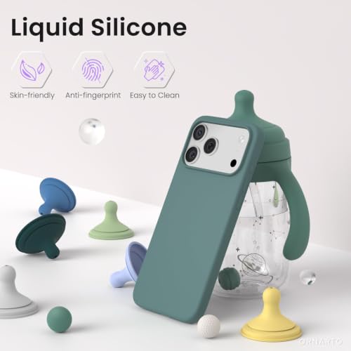 Image of ORNARTO Compatible with iPhone 17 Pro Max Case 6.9 inch, Slim Liquid Silicone 3 Layers Soft Gel Rubber Shockproof Protective Cover with Anti-Scratch Microfiber Lining-Pine Green
