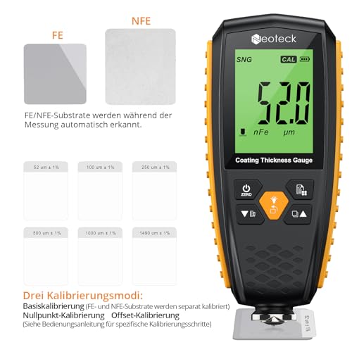 Neoteck Lackdickenmessgerät Wiederaufladbar Schichtdickenmessgerät Automatische Erkennung mit Leserotation, DREI Messmodi, 0-1300μm