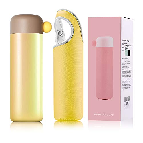Water Bottle, Elegant Life 450ML Water Bottles - Cold 24 Hours Hot 12 Hours. Vacuum Insulated Stainless Steel Double Walled Perfect for Outdoor, Camping, Match with a Portable Sleeve(Yellow)