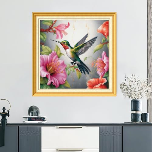 Image of DMCVIVR Stamped Cross Stitch Kits for Beginners Adults Needlepoint Kits for Beginners Embroidery Kits for Adults Crossstitch Kit for Beginners 11CT-Hummingbirds Gather Honey 18x18 inch, ArtKits08